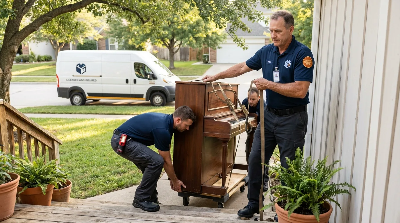 Licensed piano movers securing grand piano in Havelock, NC