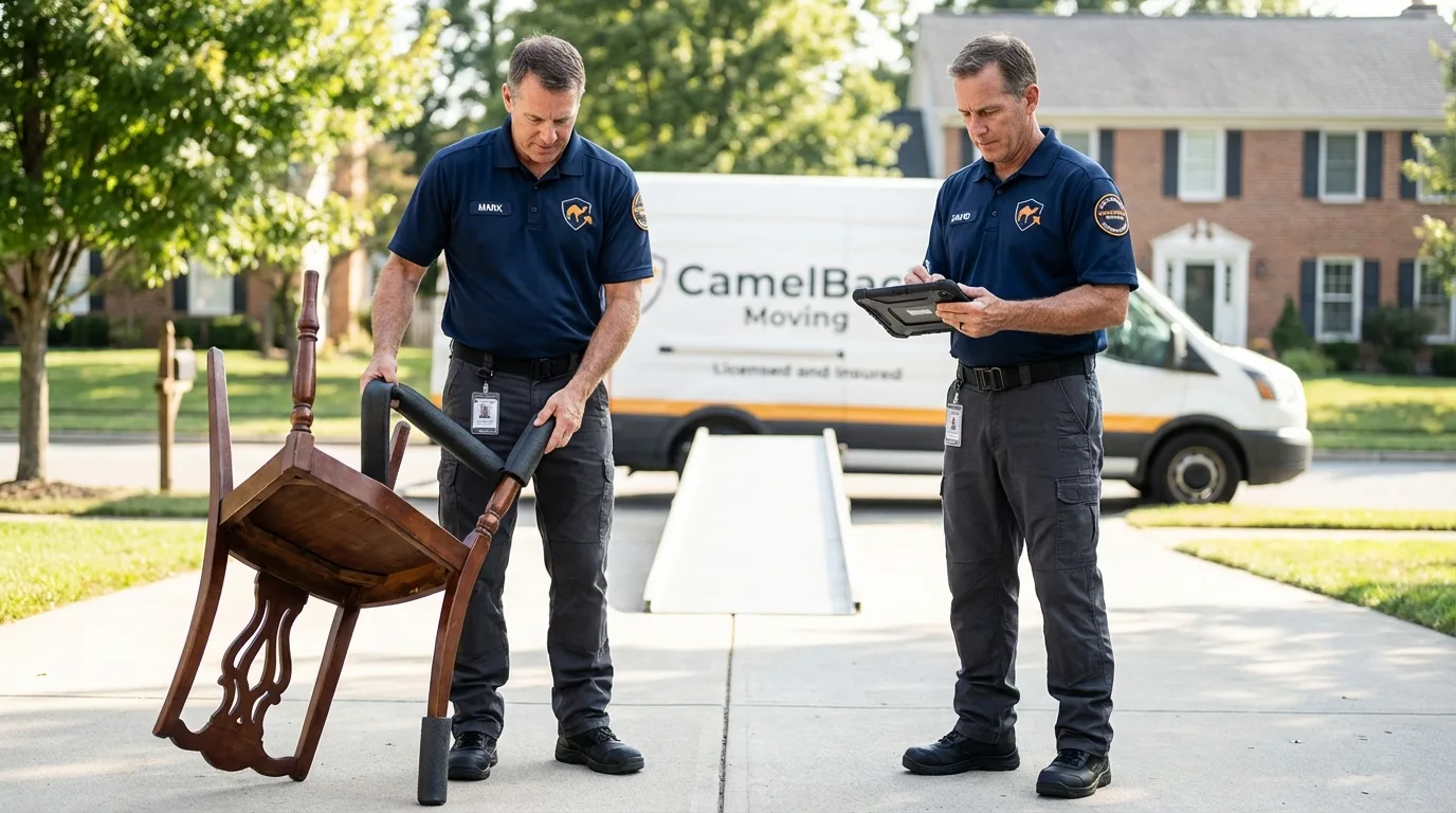 Movers inspecting furniture for damage prevention before loading in Havelock, NC