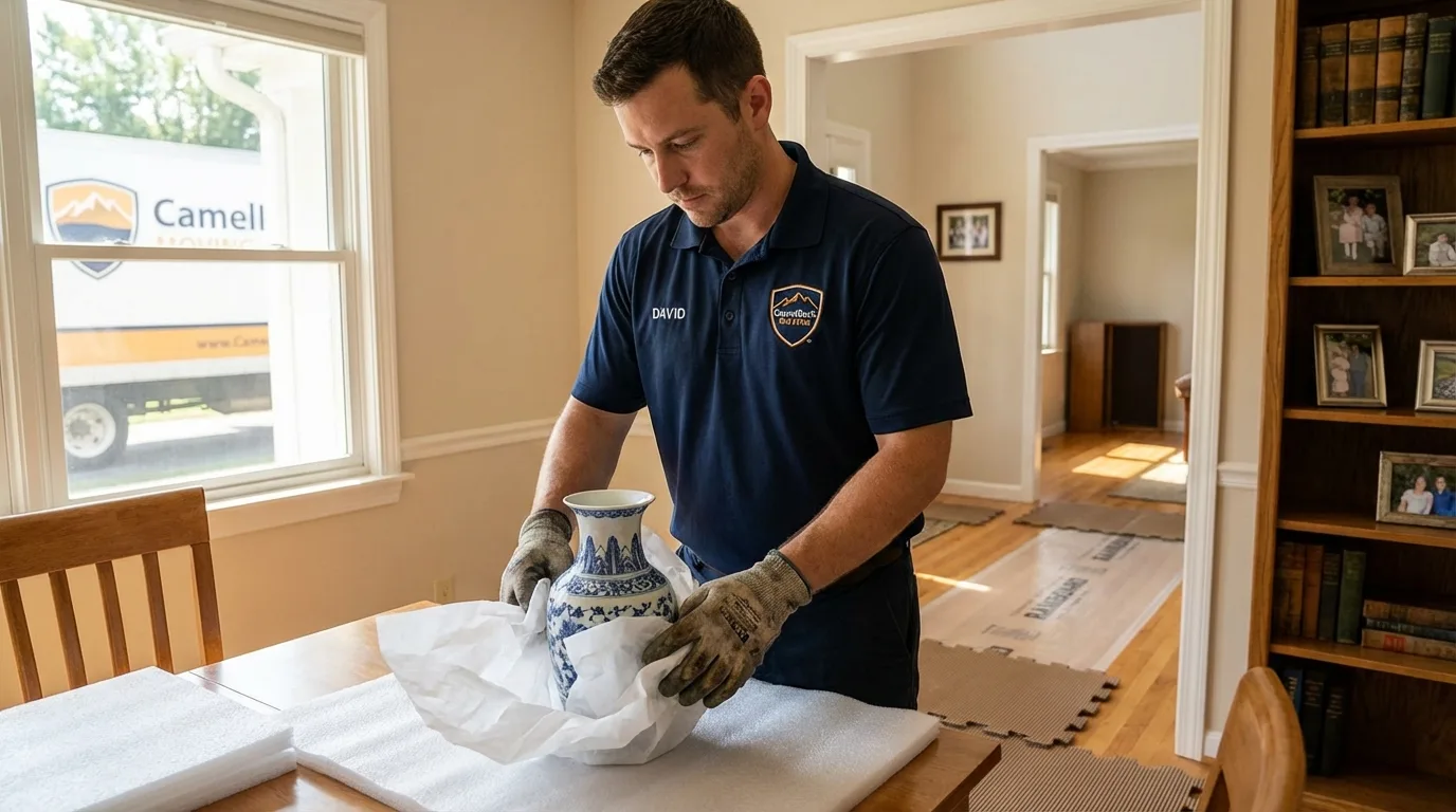 Professional crew carefully wrapping antique vase for senior downsizing move in Havelock, NC
